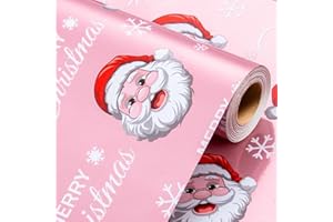 Wikadlik Pink Wrapping Paper Roll - Metallic Shine Foil Cute Santa Claus HO Lettering Gift Wrap for Christmas Holiday Festive Celebration - 43cm x 10m