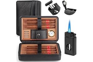 Marvero Leder Zigarrenhumidor Reise Set mit Hygrometer & Befeuchter - Tragbarer Reise Humidor für 6 Zigarren,3-in-1 Zigarrenanzünder, V-Cutter & Punzierer
