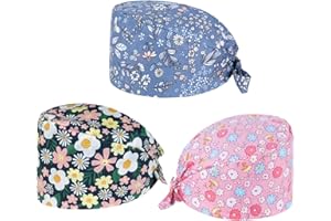 Ieron Pack of 3 Adjustable Surgical Caps - Cotton Work Caps with Floral Print, Unisex Dust Protection Caps for Nurses, Doctors, and Healthcare Professionals