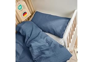 ‎LALENI Laleni Kinderbettwäsche 100x135 cm aus Baumwolle - Musselin Bettwäsche Kinder 100 x 135 cm + Kissenbezug 40x60 cm - Oeko-TEX zert. Musselin Bettwäsche Baby - Musselin Bettwäsche 100x135 Dunkelblau