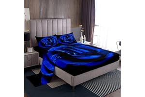 LOUSSIESD Set di lenzuola di San Valentino con stampa 3D blu rosa floreale lenzuola fiore rosa fiori set di biancheria da letto di lusso con 2 federe 4 pezzi biancheria da letto matrimoniale