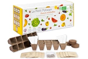 CULTIVEA® Le Kit Petit Potager - Kit de 10 graines de semis ensoleillés - Pots à semis - Graines bio - Jardinez et dégustez - Idée cadeau (herbes aromatiques, tomates, légumes, pastèque, melon)