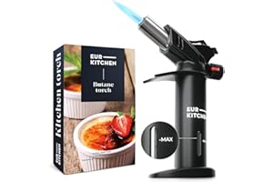 EurKitchen Soplete de Cocina con Indicador, Cerradura de Seguridad, Llama Ajustable y Protector – Soplete Gas Butano Recargable – Mechero Soplete para Cocina Manualidades - Gas Butano No Incluido