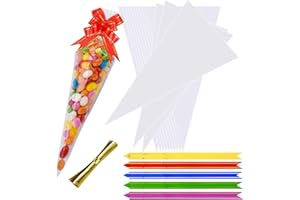 AUERVO 50PCS Clear Cone Bags Sweets Cellophane Treat Bags 12" X 6.3" Clear Resealable Cello Bags Party Gift Bags OPP Plastic Bag With 50PCS Mix Colors Pull Bows for Candy, Cookie, Popcor