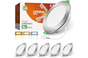 ALUSSO LED Downlights Ceiling Dimmable 10W 1050LM IP44 Recessed Ceiling Lights, 3CCT 3000K Warm 4000K Neutral 6500K Cool Adjustable Bathroom Spotlights, Brushed Nickel, 6 Pack