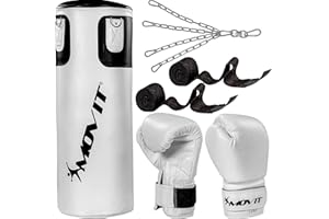 MOVIT Set de Sac de Boxe 25 kg, rempli, y Compris Sac de Boxe (Hauteur 80cm x diamètre 30cm), Gants de Boxe 12 oz, Bandages de Boxe, pour Adultes, Boxing Boxing, Noir ou Blanc