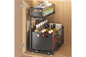 LANTUS Rangements sous Evier 2 Niveaux Organisateur Coulissant,Paniers Coulissants, Empilable,Étagères pour Placard Meuble Cuisine Salle Bain,26,5 x 38 x 48,5 cm (noir)