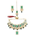 ZAVERI PEARLS Green Mirror & Cluster Pearls Choker Necklace Earring Maangtikka & Ring Set For Women-ZPFK12145