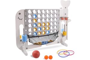 E-SOLEM Giant 4 in a Row Connect Game, Adjustable Height (85cm-115cm) 4-in-1 Jumbo 4-to-Score Yard Game Set with Basketball, Golf, Ring Toss for Kids & Adults Indoor & Outdoor Family Party Game with Mesh Net