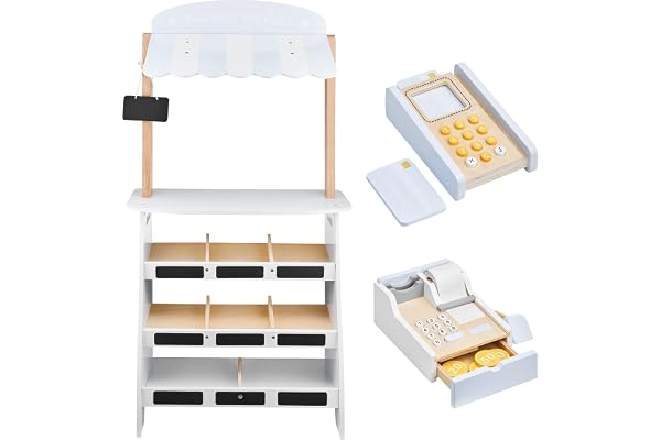 mamabrum Stand Marchande Enfants en Bois 99CM - Jeu d'Imitation avec Caisse Enregistreuse, Terminal de Paiement, Fruits, Légumes, Tableau de Craie (15 Items)