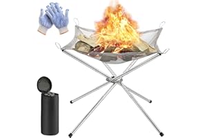 TUDOU Portable Fire Pit for Camping, Outdoor Folding Firepit Fireplace with Heat Resistant Gloves & Carrying Bag, Stainless Steel Mesh BBQ Fire Bowl for Picnics, Bonfire, Patio, Backyard and Garden