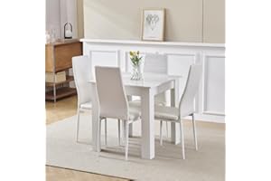 NICEME Compact Dining Table and 4 Chairs Set, Small Room for 4 Seater Kitchen With White PU Chairs, Space Saving Glossing Tabletop 75x75 cm