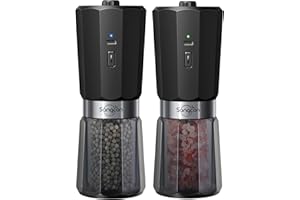 Sangcon 2-Speed Gravity Electric Salt and Pepper Grinder Set, 800mAh Large Capacity Rechargeable Pepper Grinder, 5 Levels of Externally Adjustable Coarseness, One-Handed Operation Automatic Grinding
