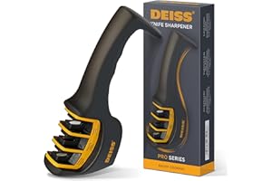 Deiss PRO Aiguiseur de couteaux de cuisine et de poche à 3 étapes – Affûteur manuel de lames de couteaux de qualité professionnelle pour la chasse et les couteaux en céramique (ORANGE)