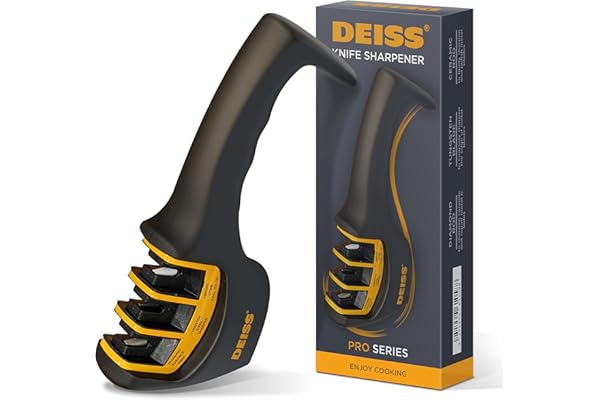Deiss PRO Aiguiseur de couteaux de cuisine et de poche à 3 étapes – Affûteur manuel de lames de couteaux de qualité professionnelle pour la chasse et les couteaux en céramique (ORANGE)