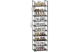 SPUSEN Shoe Rack, 10 Tier Shoe Storage Organizer with Hooks,Fit 20-25 Pairs Shoes,Metal Tall Shoe Shelf for Closet,Entryway,Garage,Bedroom,Cloakroom