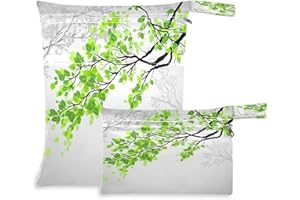 JUMBEAR Green Leaves Wet Dry Bags Sets Waterproof Reusable Travel Beach Baby Cloth Diaper Wet Dry Bags Organizer with Two Zippered Pockets for Swimsuit and Gym 2PCS