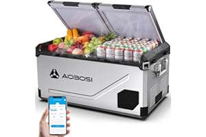 AAOBOSI 95L Kompressor Kühlbox Dual Zone bis -20℃，Edelstahlgehäuse & Aluminium-Innenausstattung，12/24V DC & 230V AC，Kühlbox Kompressor für Auto, Boot, Camping und Geländefahrt