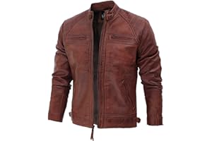 fjackets Real Lambskin Leather Biker Jacket — Quilted Cafe Racer Zip Up Moto Leather Jackets For Men | [1100085] Johnson Brown, XL