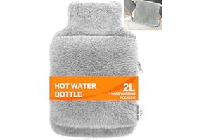 Bonilife Hot Water Bottle with Fluffy Cover, 2L Large Rubber Hot Water Bag for Shoulder, Back, Period Pain Relief, Hot Water Bottle with Hand Warmer Pocket for Kids Adult Men Women-LightGrey