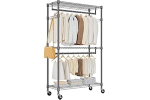 M MZG Heavy Duty Rolling Garment Rack 3 Tiers Adjustable Wire Shelving Clothes Rack with 2 Rods and Side Hooks,Storage Closet Clothing Rack with Wheels Black 40 x 75 x 189.3 cm