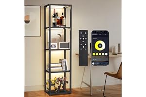 ‎OUTON OUTON 170 cm Glasvitrine mit Beleuchtung, Dimmbarer LED-Stehlampe mit Fernbedienung und App-Steuerung, Offenes Bücherregal für Sammlerstücke, Wohnzimmer, Schlafzimmer, Schwarz