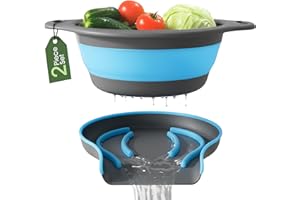 GEVOLI Passoire pliable avec base auto-drainante (5 L) – Grand égouttoir de cuisine pliable pour évier, idéal pour pâtes, légumes et fruits, grande capacité, compatible lave-vaisselle – Bleu/Gris