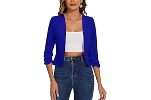 MINTLIMIT Womens Cropped Blazer Collarless Suits & Blazers Open Front Jackets 3/4 Ruched Sleeves Outerwear Half Linen Cardigan
