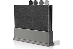 MASTERTOP Index Chopping Board Set, 4pcs Plastic Chopping Boards with Storage Stand, Non Slip Color Coded Cutting Boards for Kitchen Meat Fish Vegetables and Bread, Dishwasher Safe