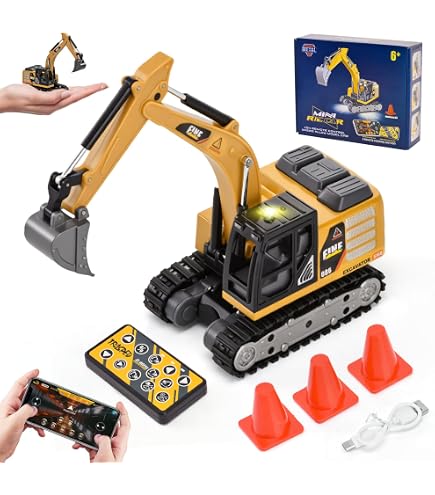 X-Verse Excavatrice télécommandée, véhicule de chantier télécommandé pour enfants, 1:20, pelleteuse sur chenilles RC avec pelle en métal, pelleteuse 11 canaux, rotation à 680°, lumière et effets