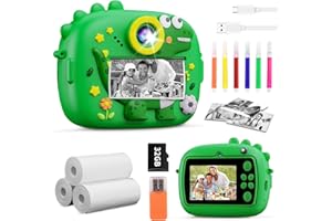 HUIFOO Aparat fotograficzny, aparat cyfrowy dla dzieci 2,4 cala, kamera wideo dla dzieci z dinozaurami 1080P HD, natychmiastowe drukowanie zdjęć, z kartą 32G i 3 rolkami papieru do drukowania