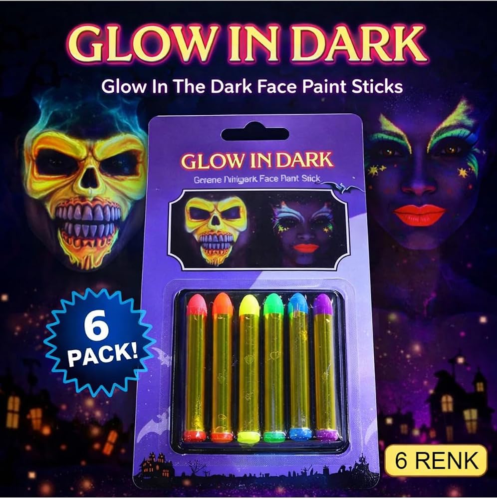 Mustran Fosforlu Glow Parti Boyası 6’lı – Karanlıkta Parlayan Yüz Boyası