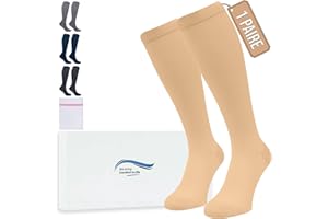 360 Relief Bas de Contention - 1 Paire Couleur Unie Chaussettes de Compression Femme et Homme - Idéales pour Vols, Voyages et Sports - L/XL Beige avec sac de lavage en maille