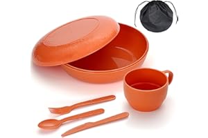 Homquen Juego de Vajilla de Campamento de 6 Piezas, con Cuencos, Platos, Tazas, Cucharas, Tenedores, Cuchillos y Bolsos, Accesorios de Campamento Imprescindibles, Ligeros y Fáciles de Llevar