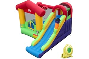 GOPLUS Aufblasbare Hüpfburg, Kinderhüpfburg mit Sprungbereich, Rutsche, Kletterwand & Basketballkorb, Hüpfschloss für Garten Outdoor Indoor, mit Tragetasche & Bodenpfählen (Haus, Mit Gebläse)