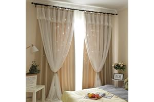 ‎FREYAMY Freyamy 2er-Set Vorhang Beige Mädchen Kinderzimmer Glänzend Sterne Spitze Verdunkelungsvorhang mit Ösen,Gardinen Ösenvorhang Blickdicht Jugendzimmer Junge 240 x 132 cm (HxB)