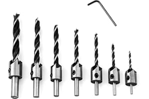 LINJINDE 7 pcs Foret Bois avec Fraise HSS Alésoirs de menuiserie Carottage Chanfrein Mèche à tête fraisée avec fraisage et butée de profondeur Jeu de forets à fraiser 90°Mèches à bois hélicoïdales (3-10 mm)