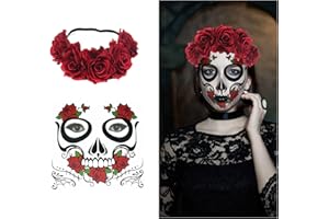 Hanaoops Dia De Los Muertos Fascia Cerchietto di Halloween Messicani Floreale Rose Copricapo Corona con Tatuaggi Temporanei per Carnevale Giorno dei Morti