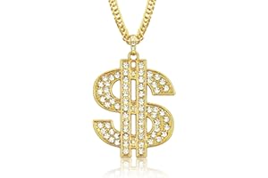 GROVL Gold Dollar Sign Necklace Pendant With Rhinestones - Rapper Chain for Hip Hop Punk Cosplay - Us Dollar Accessory for Men Women Party