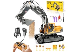 Charmofun Escavatore Radiocomandato 3-in-1, Giocattolo RC con 3 Teste in Metallo, Cabina Rotante 680° con Luci e Musica, Regalo per Bambini 3-12 Anni