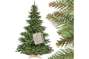FairyTrees Sapin de Noël Artificiel 220cm NORDMANN | Arbre de Noël avec Support en Bois | Sapin avec Tronc Vert | Made in EU