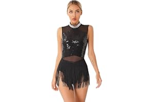 Choomomo Donna Vestito Latino Americano Abito da Ballo con Paillettes a Frange Body da Ginnastica Artistica Tuta Danza Pattinaggio Dancewear S-XXl