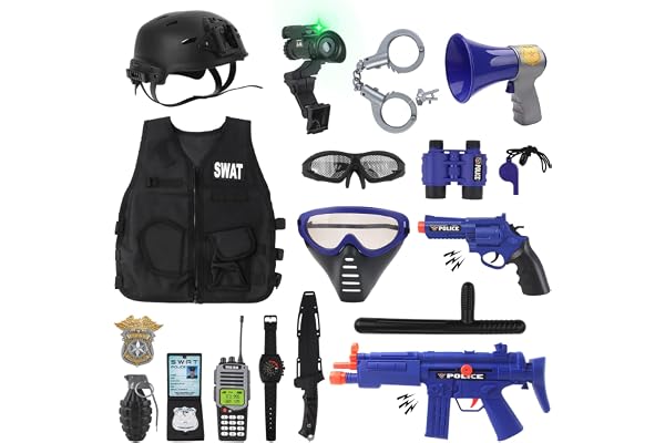 deAO Polisrollspelset för Barn, Poliskostym till Karneval och Halloween | Polisleksak Set med Väst, Hjälm, Lekgranater, Handbojor, Walkie‑Talkie, Poliskostym för Pojkar och Flickor