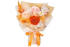 MAMAMIKO Preserved Flowers Bouquet with Bear, 3 Real Forever Flowers for Delivery, Long-Lasting Orange Eteranl Roses Bouquet Birthday Gifts for Women, Mother, Wife, Her