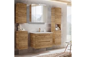 ‎LOMADOX Lomadox Badezimmermöbel Set mit 81 cm Waschtisch & LED-Spiegelschrank, Wotan Eiche Nb. Dekor, B/H/T ca. 180/200/46 cm