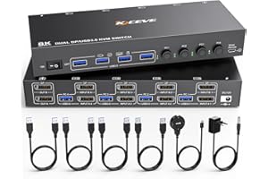 ESKEVE 8K@30Hz KVM Switch 4 PC 2 Monitore, 4K@144Hz Dual Monitore KVM Switch DisplayPort mit 4 USB Kabeln, kabelgebundener Kabelsteuerung und Netzteil