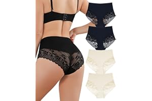 Aijolen Culotte sans Couture Femme Invisible Taille Haute Slip Dentelle sous-Vêtements Sexy Extensible Hipster Bikini Lot de 4