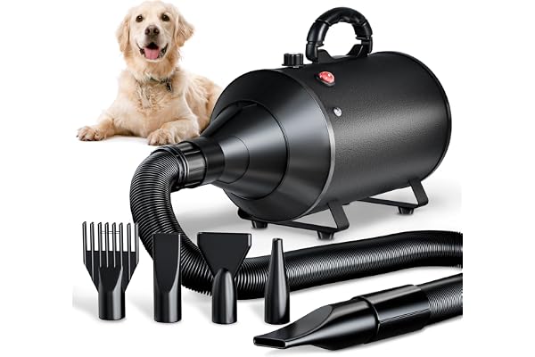 Hundefön Blower Sehr Leise 3000W Motor Einstellbare Geschwindigkeit, Hundepflege-Trockner-Gebläse mit 4 verschiedenen Düsen elastischem Schlauch