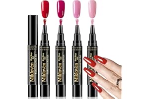 MIKLOVEN 4 Pack Gel Nail Polish Pen Set – 3-in-1 Quick-Dry UV-Cured Gel Formula, Red Wine Pink Nude Red Shades with Glossy Long-Lasting Finish, Easy-to-Use Portable Nail Art Pens, Beginner-Friendly for DIY