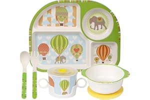 Greentainer Kindergeschirr set aus melamin, 6er Sturzfest Geschirr Set- Baby Menü Tablett, Kinderschüssel mit Saugnapf, Becher mit deckel,Löffel, Gabel für Kinder, ab 6 Monaten,Spülmaschinenfest